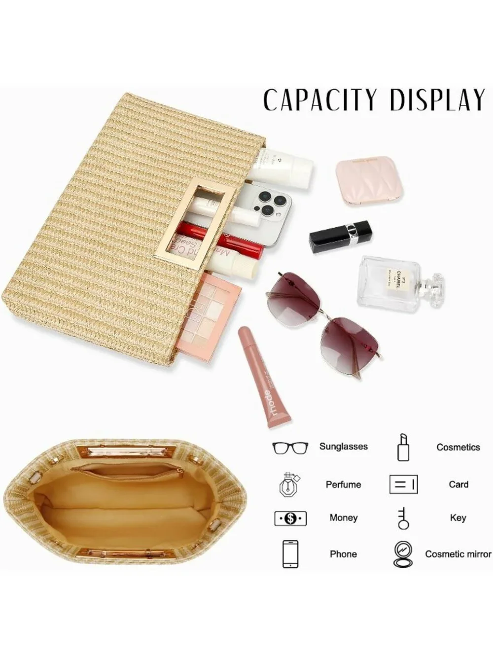Women's Beige Clutch Purse Gold Chain Strap Handle Handbag Wedding Evening Bag